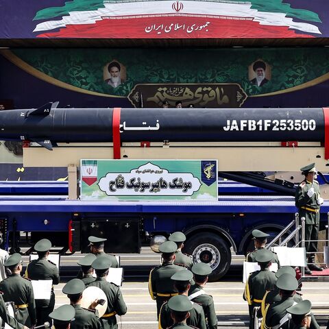 A truck carries an Iranian 'Fattah' hypersonic ballistic missile during the annual military parade marking the anniversary of the outbreak of the devastating 1980-1988 war with Saddam Hussein's Iraq, in Tehran on Sept. 22, 2023. 